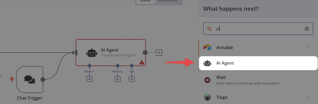 Select the AI Agent node in N8N
