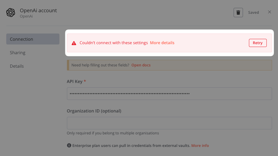 Ignore the couldn't connect with these settings notice.